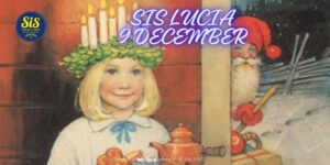 A picture of a Lucia who comes with Advent coffee on a tray. The picture is filled with Lucia atmosphere.