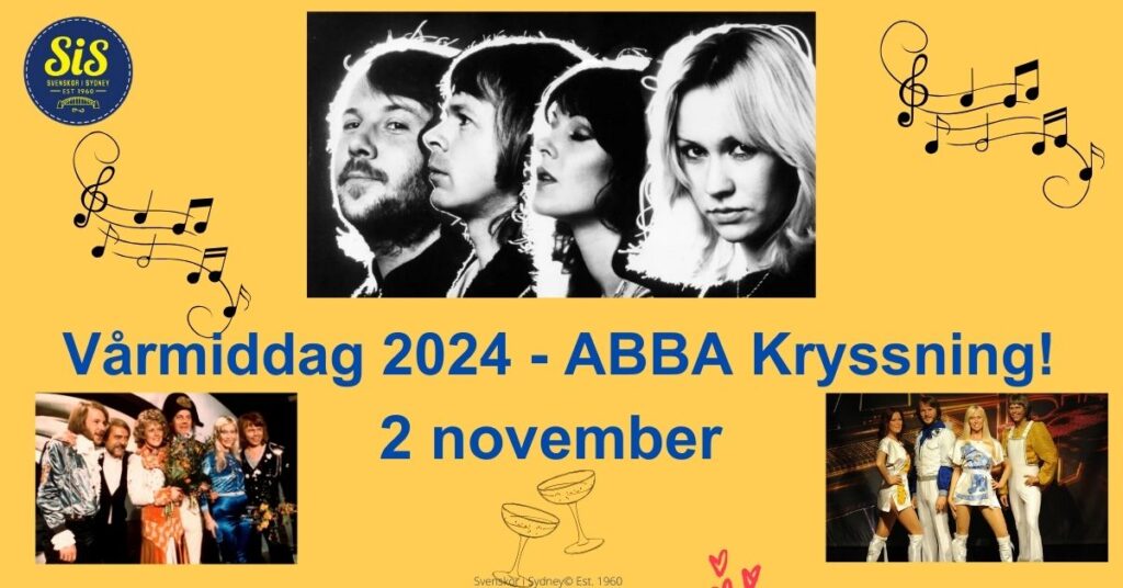 En image of the participants in ABBA. From left, Benny, followed by Björn, Frida and Agneta. Yellow background and blue font.