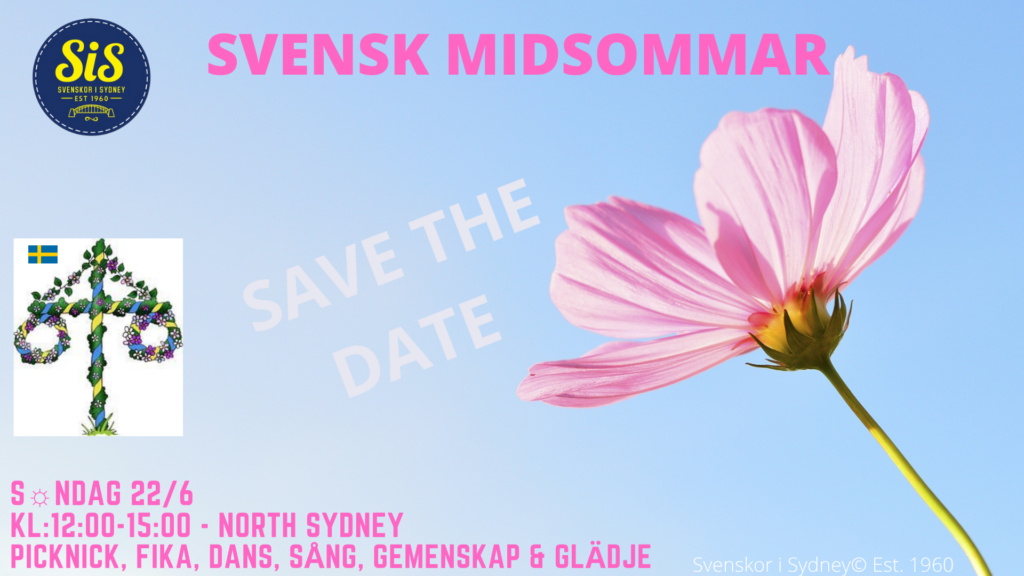 En inbjudan till Svenskt Midsommarfirande i Sydney 2025. En rosa blomma på blå bakgrund. 