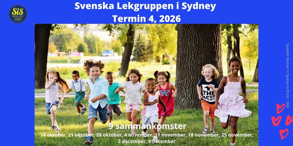 Svenskor i Sydney (SiS) har länge haft en mycket aktiv Lekgrupp – Svenska Lekgruppen i Sydney – där föräldrar och barn träffas regelbundet. En ung flicka, ett barn runt 3 år, med ansiktsfärg och vattenfärg på armarna tittar upp och ler. Hon har mörkt hår som är lite lockigt. En aktiv och levande lekgrupp är en viktig del av SiS arbete. En av våra målsättningar är att bibehålla och sprida den svenska kulturen och det svenska språket. Vi vill erbjuda ett forum och en mötesplats för svenska kvinnor – även pappor och andra vårdnadshavare – att mötas med sina barn. Och det har vi gjort sedan mitten av 90-talet och så också nu. Välkommen till Svenska Lekgruppen i Sydney!